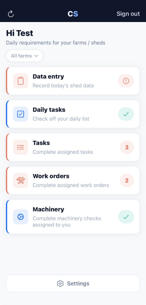 ChickenSuccess mobile app dashboard