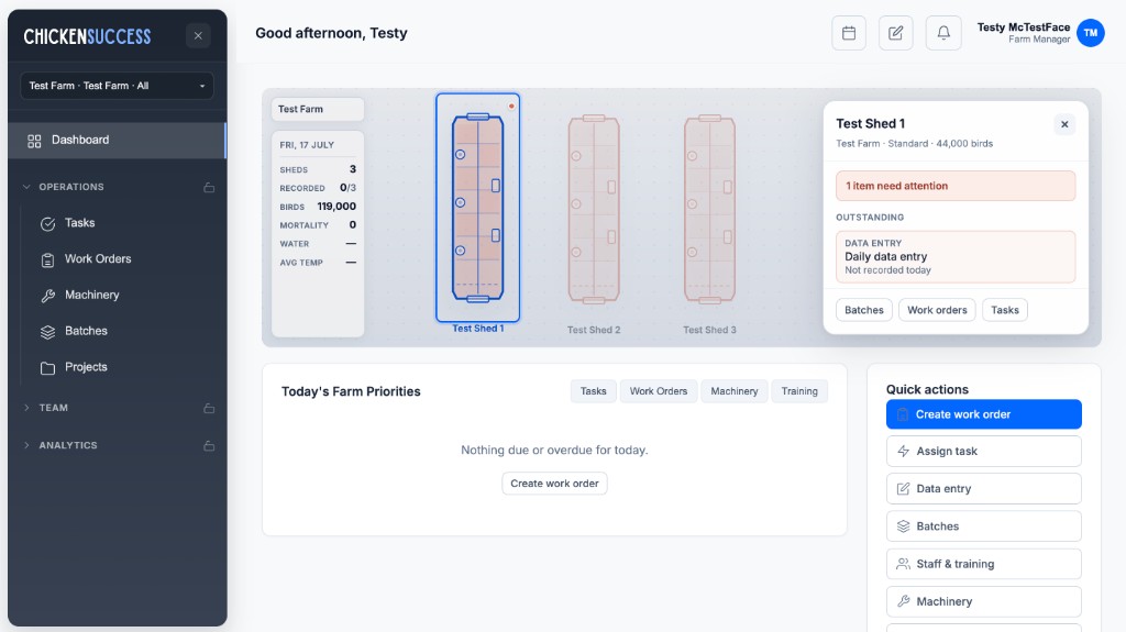 ChickenSuccess farm operations dashboard on desktop